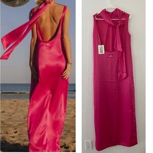 NWT DAILY DRILLS Silky Backless Maxi Dress Gown with Neck Tie Hot Pink Party